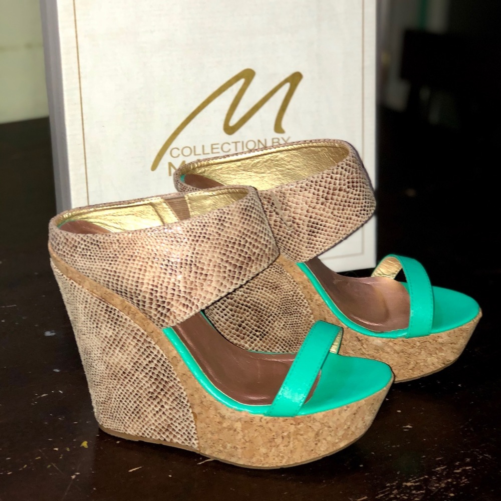 Aqua & snakeskin wedges, size 7.5